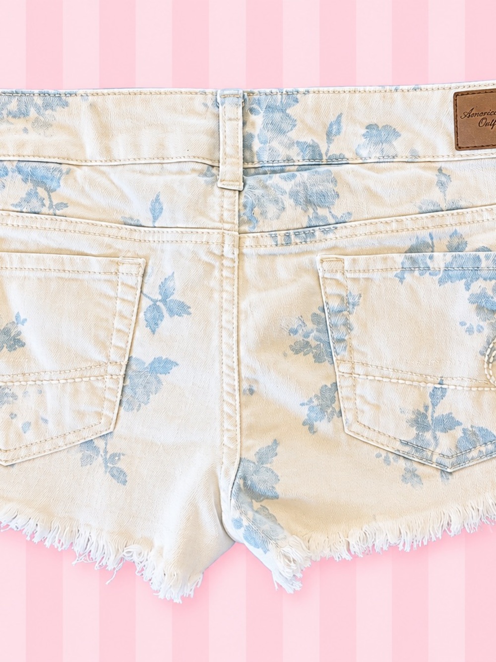 American Eagle Floral Denim Cutoff Shorts Y2K Low Rise Blue White Stretch